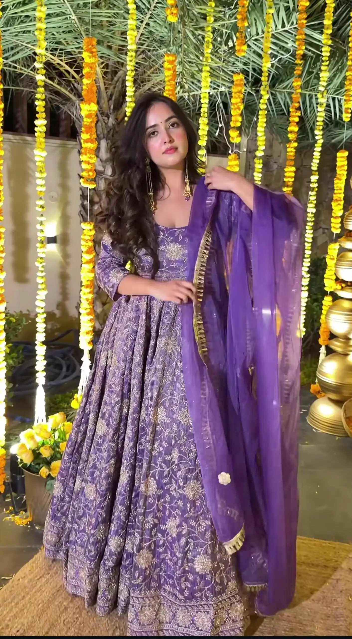 Purple Crunchy Silk Embroidery Work Anarkali Suit