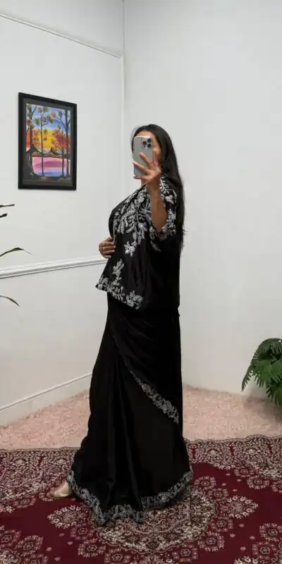 ST 1090 Black Color Chinon Saree with Embroidery Work & Lace Work. Now at just ₹2099. Delivery 4-6 Working Days. Shop now. | Designer Sarees, Sarees, Bollywood Sarees, Creative Sarees, Embroidered Sarees, Ethnic Saree, Modern Digital sarees, Party Wear Sarees