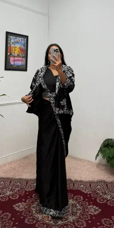 ST 1090 Black Color Chinon Saree with Embroidery Work & Lace Work. Now at just ₹2099. Delivery 4-6 Working Days. Shop now. | Designer Sarees, Sarees, Bollywood Sarees, Creative Sarees, Embroidered Sarees, Ethnic Saree, Modern Digital sarees, Party Wear Sarees