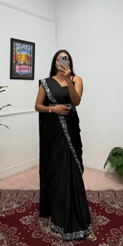 ST 1090 Black Color Chinon Saree with Embroidery Work & Lace Work. Now at just ₹2099. Delivery 4-6 Working Days. Shop now. | Designer Sarees, Sarees, Bollywood Sarees, Creative Sarees, Embroidered Sarees, Ethnic Saree, Modern Digital sarees, Party Wear Sarees