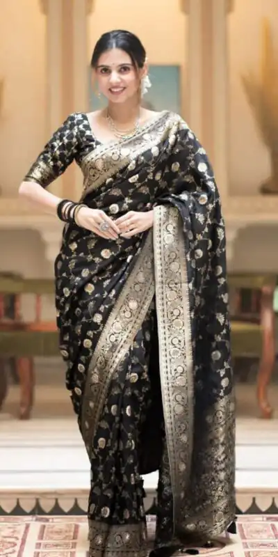 KPR 208 Black in Color Soft Lichi Silk Designer Work Saree . Available at ₹1399 only. Delivery 4-6 Working Days. Shop now. | Designer Sarees, Sarees, Bollywood Sarees, Creative Sarees, Embroidered Sarees, Ethnic Saree, Modern Digital sarees, Party Wear Sarees