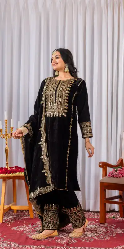 AD 089 Black Viscose Velvet Salwar Suit with Embroidery Work. Affordable Price ₹1999. Delivery 4-6 Working Days. Shop now. | Jump Suits, Salwar suit, Casual Suits, Creative suits, Designer Suits, Palazzo Suits, Party Wear Suits, Patiala Suits, Straight Suits