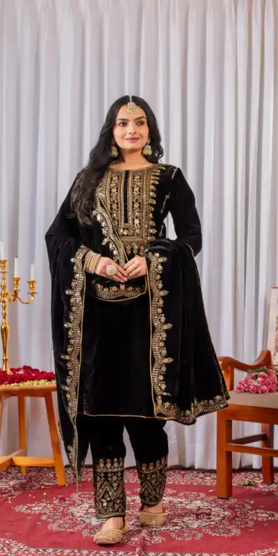 AD 089 Black Viscose Velvet Salwar Suit with Embroidery Work. Affordable Price ₹1999. Delivery 4-6 Working Days. Shop now. | Jump Suits, Salwar suit, Casual Suits, Creative suits, Designer Suits, Palazzo Suits, Party Wear Suits, Patiala Suits, Straight Suits