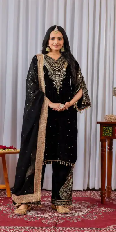 AD 134 Black Color Heavy Pure Viscose Velvet Embroidery Sharara Suit Wedding, Party, Festive, Events Etc. Expected Delivery  4-6 Working Days @2099/- | Jump Suits, Salwar suit, Casual Suits, Creative suits, Designer Suits, Palazzo Suits, Party Wear Suits, Patiala Suits, Straight Suits