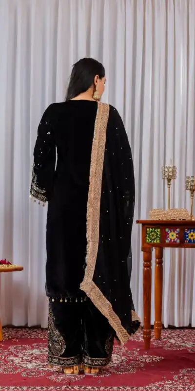 AD 134 Black Color Heavy Pure Viscose Velvet Embroidery Sharara Suit Wedding, Party, Festive, Events Etc. Expected Delivery  4-6 Working Days @2099/- | Jump Suits, Salwar suit, Casual Suits, Creative suits, Designer Suits, Palazzo Suits, Party Wear Suits, Patiala Suits, Straight Suits