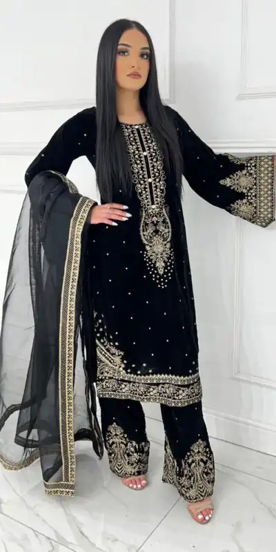 AD 222 Black Viscose Velvet Salwar Suit with Embroidery Work & Lace Work. Best Price ₹2099. Delivery 4-6 Working Days. Shop now. | Jump Suits, Salwar suit, Casual Suits, Creative suits, Designer Suits, Palazzo Suits, Party Wear Suits, Patiala Suits, Straight Suits