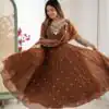 ZF 5012 Brown Blooming Faux Gown with Embroidery Work. Wedding, Party, Festive, Events Grab it for ₹2149. Delivery 4-6 Working Days. Shop now. | Lehenga, Bollywood Lehenga, Creative Lehenga, Designer Lehenga, Embroidered Lehenga, Party Wear Lehenga