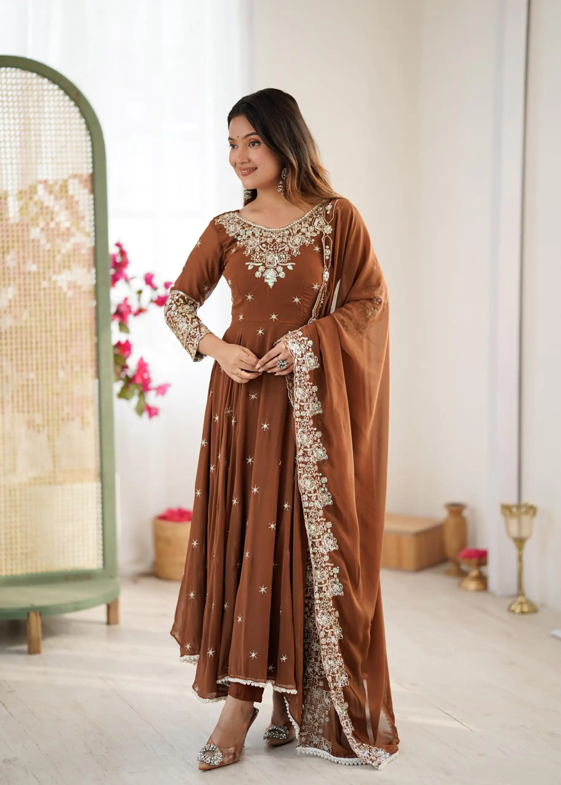 ZF 5012 Brown Blooming Faux Gown with Embroidery Work. Wedding, Party, Festive, Events Grab it for ₹2149. Delivery 4-6 Working Days. Shop now. | Lehenga, Bollywood Lehenga, Creative Lehenga, Designer Lehenga, Embroidered Lehenga, Party Wear Lehenga