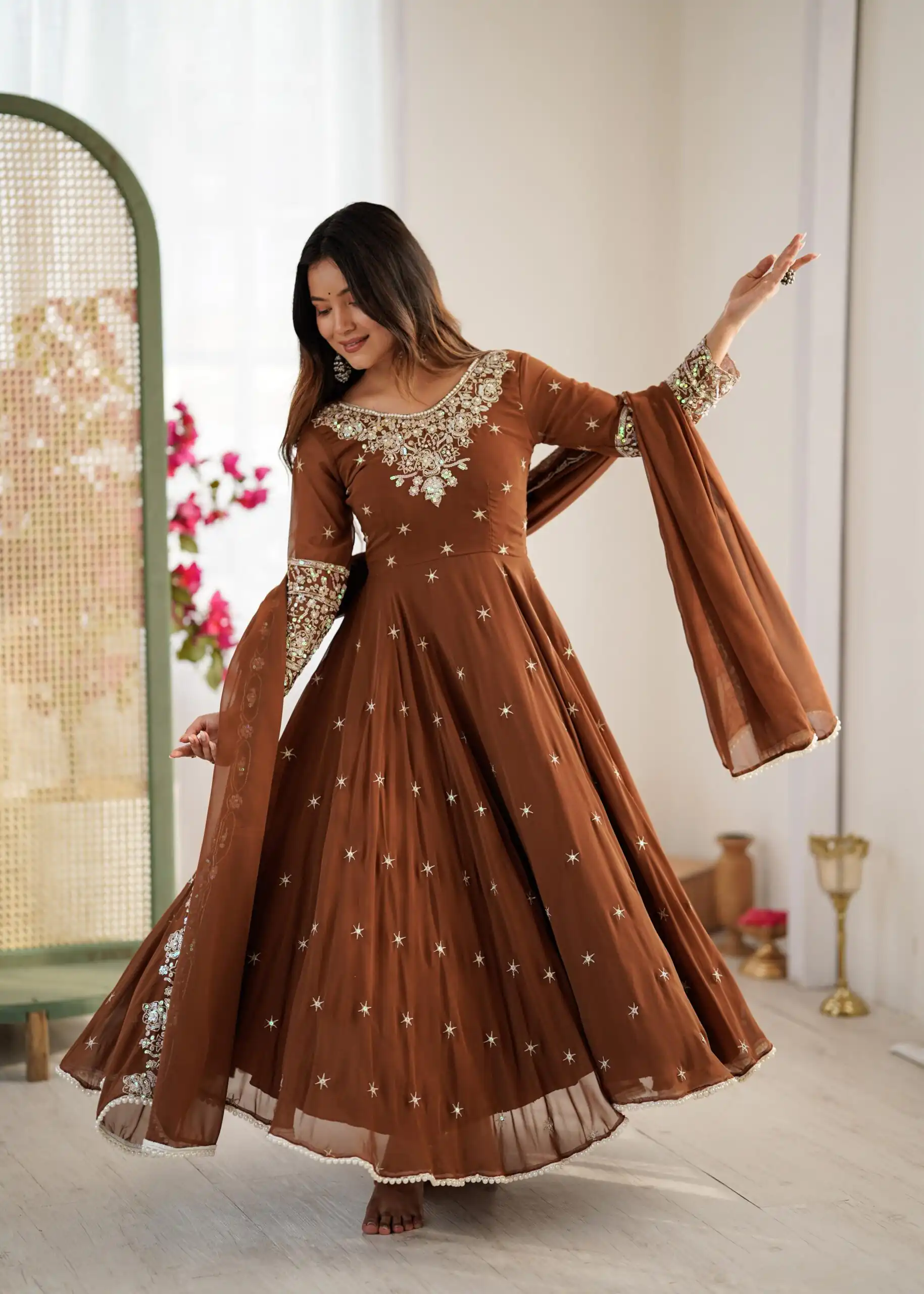 ZF 5012 Brown Blooming Faux Gown with Embroidery Work. Wedding, Party, Festive, Events Grab it for ₹2149. Delivery 4-6 Working Days. Shop now. | Lehenga, Bollywood Lehenga, Creative Lehenga, Designer Lehenga, Embroidered Lehenga, Party Wear Lehenga