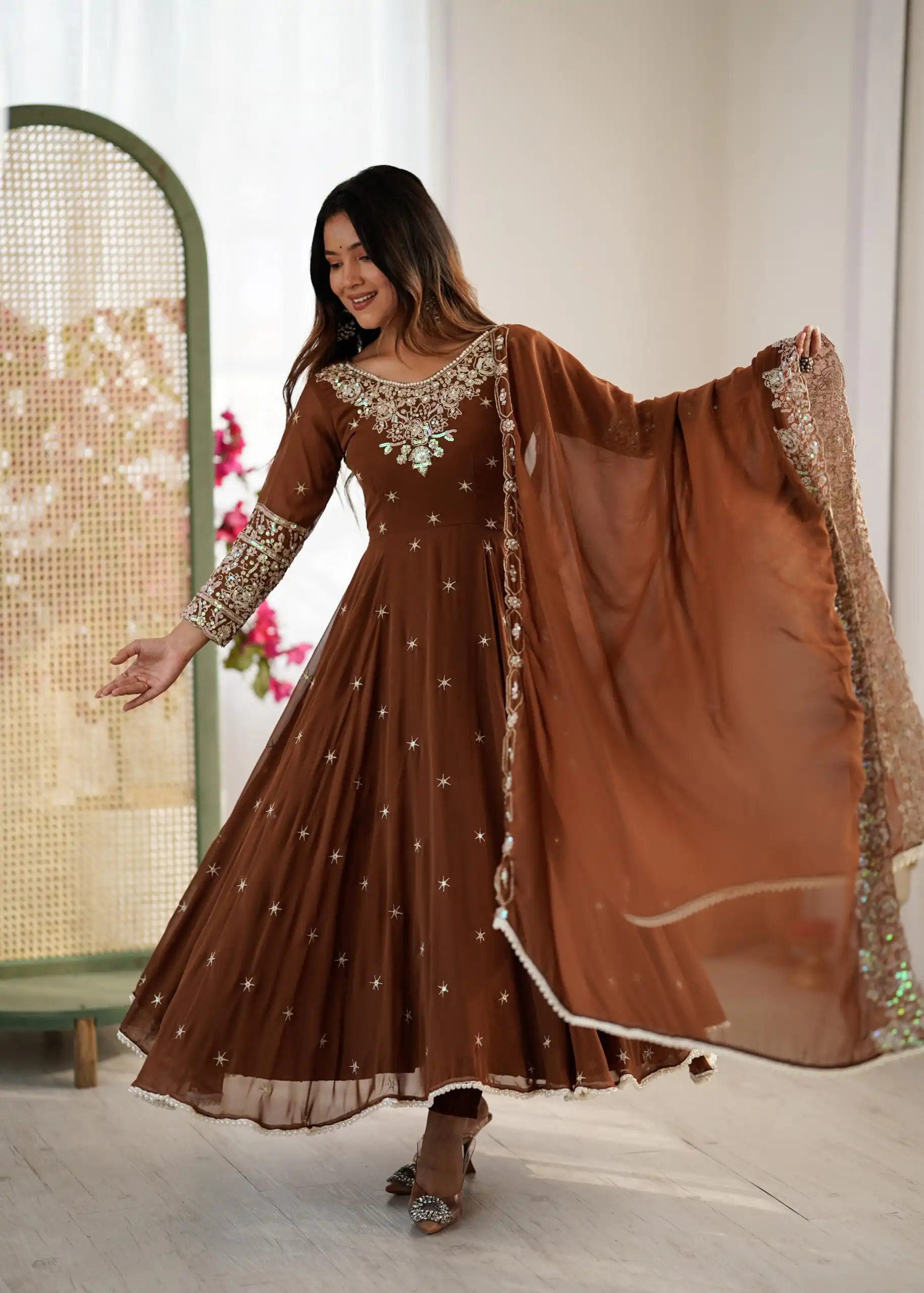 ZF 5012 Brown Blooming Faux Gown with Embroidery Work. Wedding, Party, Festive, Events Grab it for ₹2149. Delivery 4-6 Working Days. Shop now. | Lehenga, Bollywood Lehenga, Creative Lehenga, Designer Lehenga, Embroidered Lehenga, Party Wear Lehenga