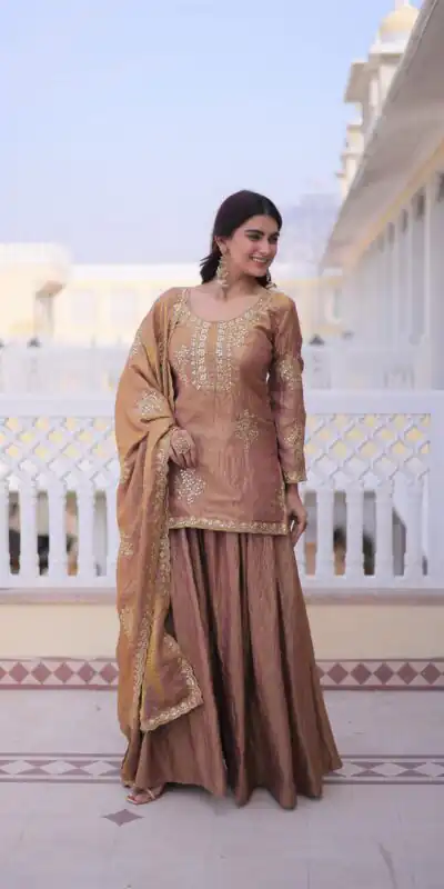KA 1229 Brown Fendi Crush Salwar Suit Perfect for Wedding, Party, Onam, Temple Visit, Traditional Day – . Best Price ₹2399. Delivery 4-6 Working Days. | Jump Suits, Salwar suit, Casual Suits, Creative suits, Designer Suits, Palazzo Suits, Party Wear Suits, Patiala Suits, Straight Suits