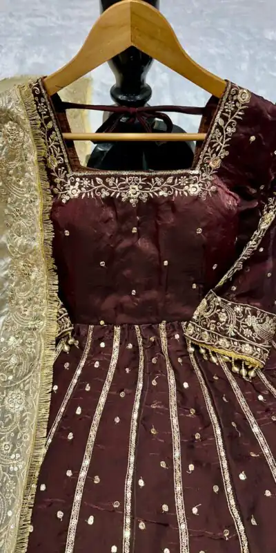 VLM 313 Brown JC Silk Gown. Perfect for Wedding, Party, Sangeet, Baisakhi, Diwali – Introductory Price ₹2599. Delivery 4-6 Working Days. Shop now. | Gowns, Bollywood Gowns, Creative Gowns, Designer Gowns, Embroidered Gowns, Party Wear Gowns