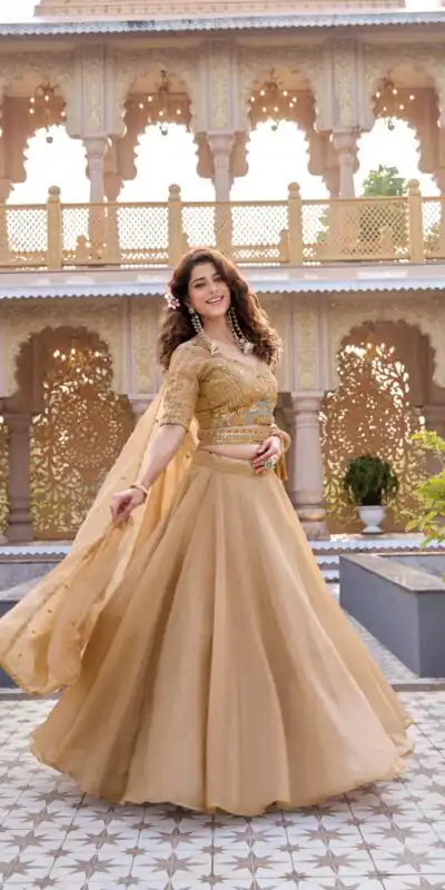 Ram 160 Chiku Color Crunchy Lehenga Choli with Embroidery Work. Online Festive Deal ₹3199. Delivery 4-6 Working Days. Shop now. | Lehenga, Bollywood Lehenga, Creative Lehenga, Designer Lehenga, Embroidered Lehenga, Party Wear Lehenga