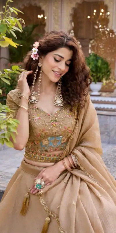 Ram 160 Chiku Color Crunchy Lehenga Choli with Embroidery Work. Online Festive Deal ₹3199. Delivery 4-6 Working Days. Shop now. | Lehenga, Bollywood Lehenga, Creative Lehenga, Designer Lehenga, Embroidered Lehenga, Party Wear Lehenga