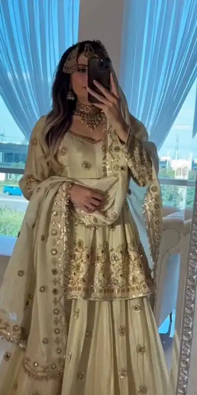 ST 1159 Cream Chinon Lehenga Choli with Embroidery Work & Mirror Work. Grab it for ₹2549. Delivery 4-6 Working Days. Shop now. | Lehenga, Bollywood Lehenga, Creative Lehenga, Designer Lehenga, Embroidered Lehenga, Party Wear Lehenga