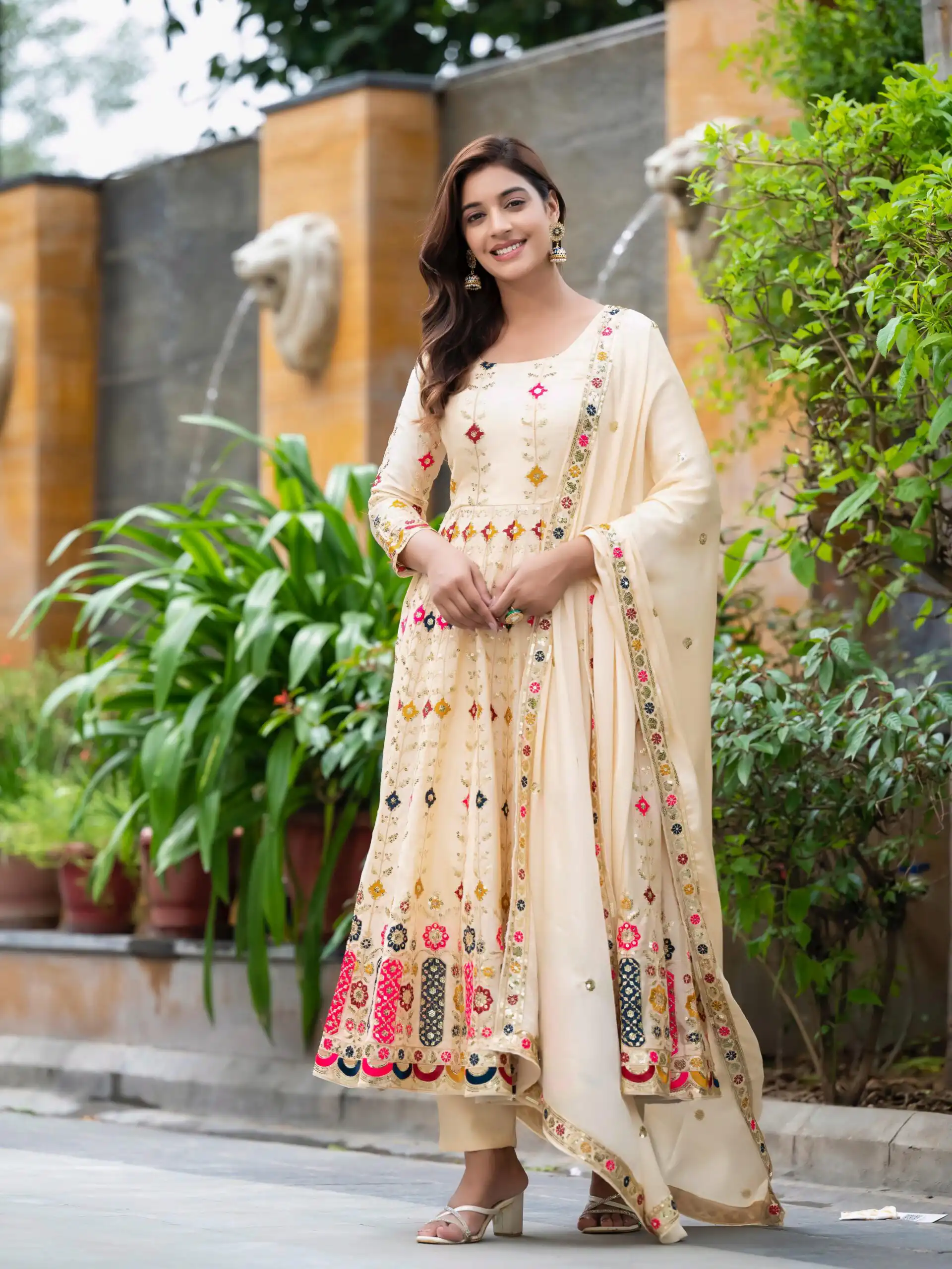 NF 1234 Cream Chinon Silk Anarkali Suit with Cut Work & Embroidery Work. Now at just ₹2599. Delivery 4-6 Working Days. Shop now. | Anarkali Suits, Bollywood Anarkali, Creative-Anarkali, Designer Anarkali, Embroidered Anarkali, Party Wear Anarkali
