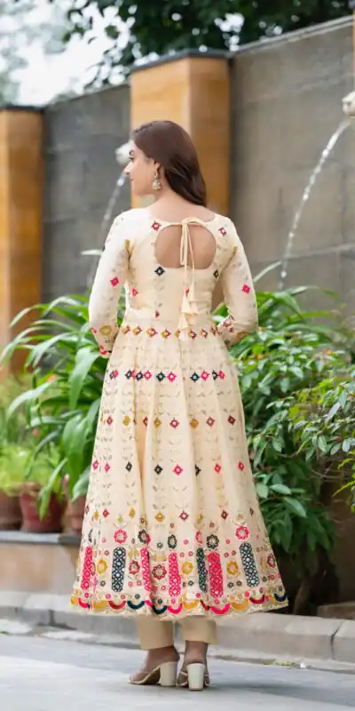 NF 1234 Cream Chinon Silk Anarkali Suit with Cut Work & Embroidery Work. Now at just ₹2599. Delivery 4-6 Working Days. Shop now. | Anarkali Suits, Bollywood Anarkali, Creative-Anarkali, Designer Anarkali, Embroidered Anarkali, Party Wear Anarkali