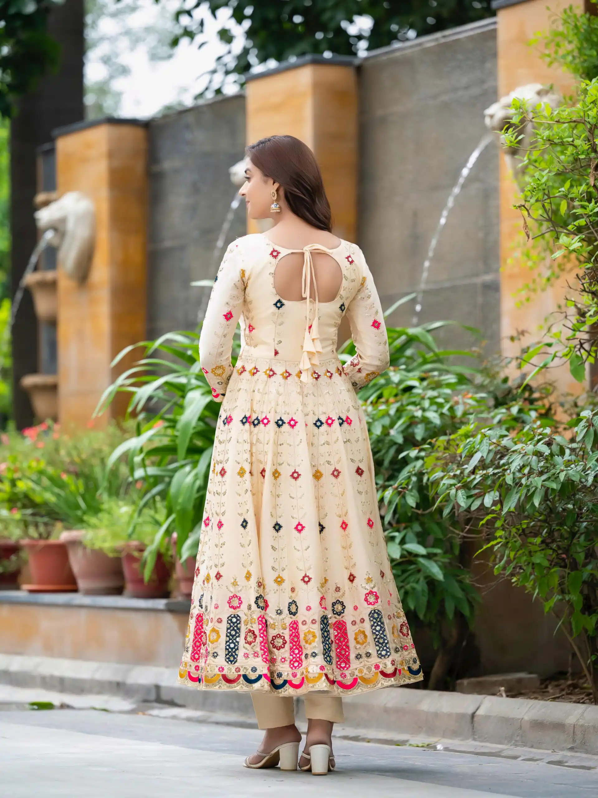 NF 1234 Cream Chinon Silk Anarkali Suit with Cut Work & Embroidery Work. Now at just ₹2599. Delivery 4-6 Working Days. Shop now. | Anarkali Suits, Bollywood Anarkali, Creative-Anarkali, Designer Anarkali, Embroidered Anarkali, Party Wear Anarkali