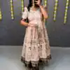 MF 666 Cream Malai Satin Gown with Digital Print & Kalamkari Print. Now at just ₹1499. Delivery 4-6 Working Days. Shop now. | Gowns, Bollywood Gowns, Creative Gowns, Designer Gowns, Embroidered Gowns, Party Wear Gowns