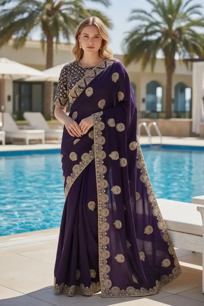 BT 442 Dark Purple in Fandy Satin Silk. Embroidery Work & Zari Work Saree Affordable Price ₹1999. Delivery 4-6 Working Days. Shop now. | Designer Sarees, Sarees, Bollywood Sarees, Creative Sarees, Embroidered Sarees, Ethnic Saree, Modern Digital sarees, Party Wear Sarees