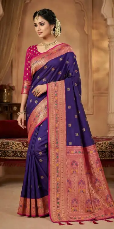 MB 18 Dark Purple in Color Meenakari Zari Work & Lace Work Saree work. Exclusive Offer ₹2399. Delivery 4-6 Working Days. Shop now. | Designer Sarees, Sarees, Bollywood Sarees, Creative Sarees, Embroidered Sarees, Ethnic Saree, Modern Digital sarees, Party Wear Sarees