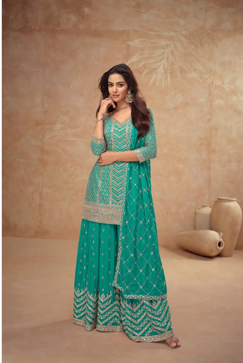 FC 7518 Firozi Chinon Salwar Suit Perfect for Wedding, Party, Diwali, Durga Puja, Temple Visit – . Festive Deal ₹3099. Delivery 4-6 Working Days. | Jump Suits, Tops & Bottoms, Track Suits, Salwar suit, Casual Suits, Creative suits, Designer Suits, Palazzo Suits, Party Wear Suits, Patiala Suits, Straight Suits, Trendy Wear