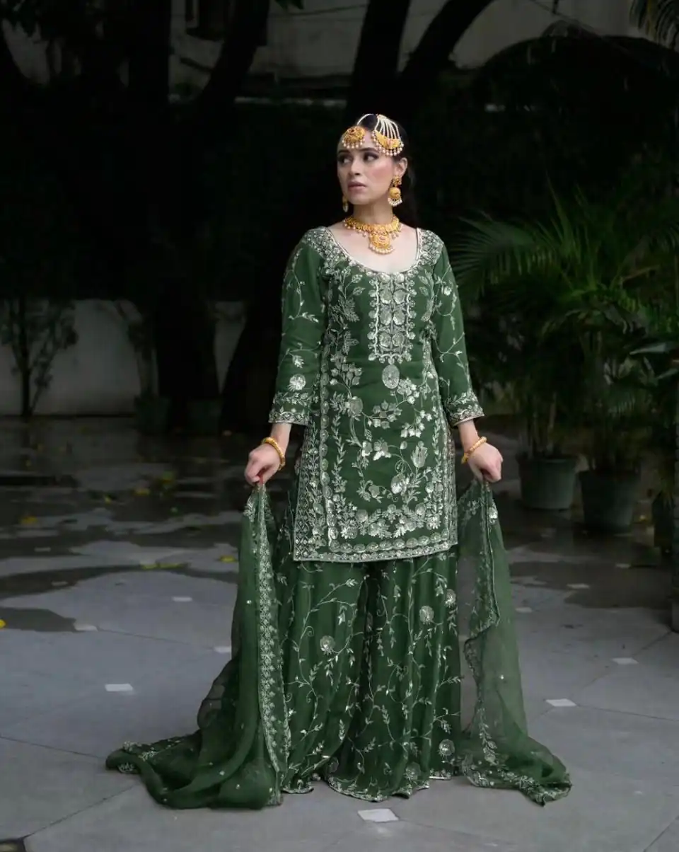 VLM 226 Green Fox Georgette with Embroidery Work & Lace Work Salwar Suit . Festive Deal ₹2499. Delivery 4-6 Working Days. Shop now. | Jump Suits, Salwar suit, Casual Suits, Creative suits, Designer Suits, Palazzo Suits, Party Wear Suits, Patiala Suits, Straight Suits