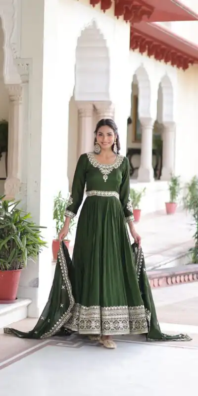 KA 1215 Green Vichitra Silk Gown Perfect for Wedding, Party, Holi, Anniversary, Mehendi –. Grab it for ₹2449. Delivery 4-6 Working Days. Shop now. | Gowns, Bollywood Gowns, Creative Gowns, Designer Gowns, Embroidered Gowns, Party Wear Gowns