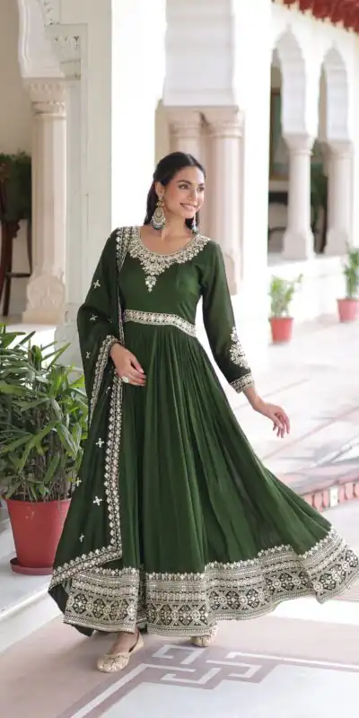 KA 1215 Green Vichitra Silk Gown Perfect for Wedding, Party, Holi, Anniversary, Mehendi –. Grab it for ₹2449. Delivery 4-6 Working Days. Shop now. | Gowns, Bollywood Gowns, Creative Gowns, Designer Gowns, Embroidered Gowns, Party Wear Gowns
