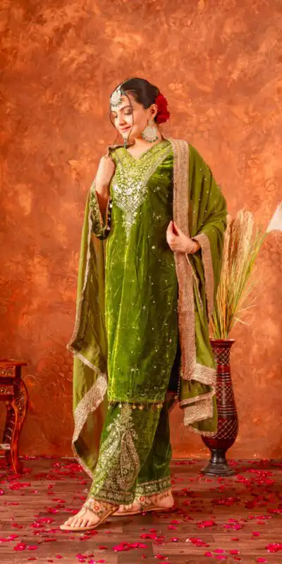 AD 134 Green Color Heavy Pure Viscose Velvet Embroidery Sharara Suit Wedding, Party, Festive, Events Etc. Expected Delivery  4-6 Working Days @2099/- | Jump Suits, Salwar suit, Casual Suits, Creative suits, Designer Suits, Palazzo Suits, Party Wear Suits, Patiala Suits, Straight Suits