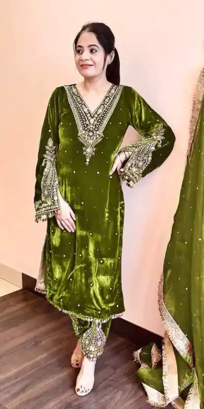 AD 134 Green Color Heavy Pure Viscose Velvet Embroidery Sharara Suit Wedding, Party, Festive, Events Etc. Expected Delivery  4-6 Working Days @2099/- | Jump Suits, Salwar suit, Casual Suits, Creative suits, Designer Suits, Palazzo Suits, Party Wear Suits, Patiala Suits, Straight Suits