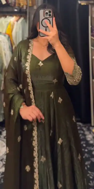 KD 1564 Mahendi Fendy Silk Gown Perfect for Wedding, Party, Durga Puja, Festival Celebrations, Ganesh Chaturthi – . Best Price ₹2399. Delivery 4-6 Wor | Gowns, Bollywood Gowns, Creative Gowns, Designer Gowns, Embroidered Gowns, Party Wear Gowns