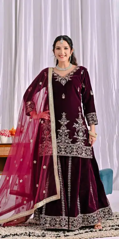 ND 5052 Maroon Viscous Velvet Salwar Suit Perfect for Wedding, Party, Reception, Eid, Temple Visit – . Introductory Price ₹2149. Delivery 4-6 Working | Jump Suits, Salwar suit, Casual Suits, Creative suits, Designer Suits, Palazzo Suits, Party Wear Suits, Patiala Suits, Straight Suits