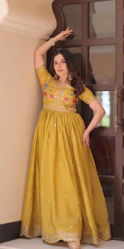 KA 1171 Mustered in Gold Crush Zari Work & Embroidery Work Gown . Affordable Price ₹1799. Delivery 4-6 Working Days. Shop now. | Gowns, Bollywood Gowns, Creative Gowns, Designer Gowns, Embroidered Gowns, Party Wear Gowns