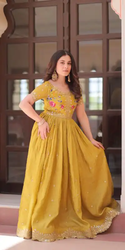 KA 1171 Mustered in Gold Crush Zari Work & Embroidery Work Gown . Affordable Price ₹1799. Delivery 4-6 Working Days. Shop now. | Gowns, Bollywood Gowns, Creative Gowns, Designer Gowns, Embroidered Gowns, Party Wear Gowns
