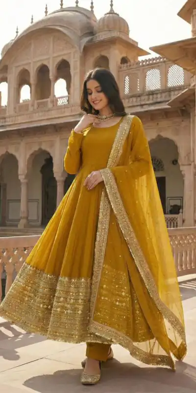 ZSR 3152 Mustered Color Roman silk Gown with Embroidery Work & Lace Work. Grab it for ₹2599. Delivery 4-6 Working Days. Shop now. | Gowns, Bollywood Gowns, Creative Gowns, Designer Gowns, Embroidered Gowns, Party Wear Gowns