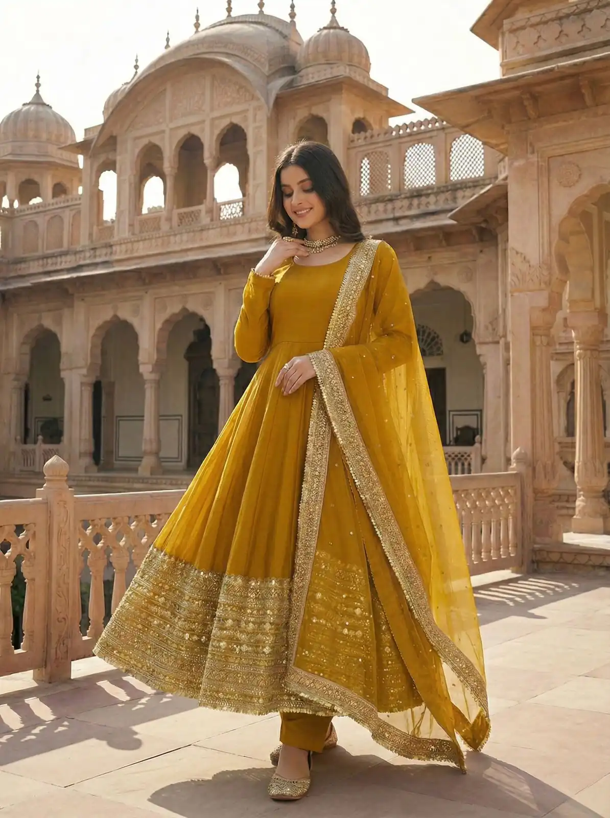 ZSR 3152 Mustered Color Roman silk Gown with Embroidery Work & Lace Work. Grab it for ₹2599. Delivery 4-6 Working Days. Shop now. | Gowns, Bollywood Gowns, Creative Gowns, Designer Gowns, Embroidered Gowns, Party Wear Gowns