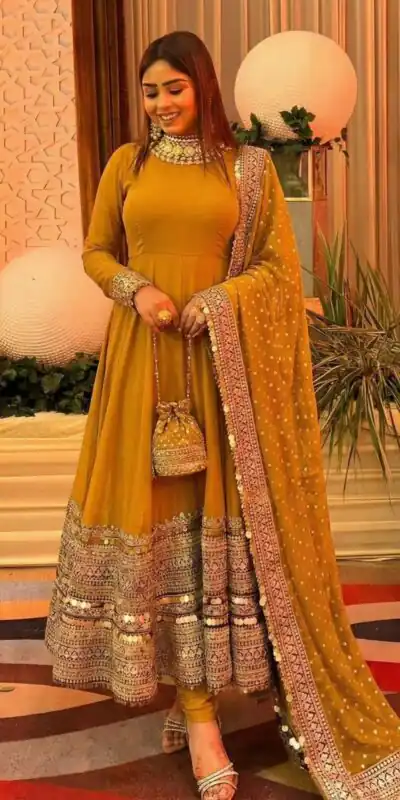 ZSR 3152 Mustered Color Roman silk Gown with Embroidery Work & Lace Work. Grab it for ₹2599. Delivery 4-6 Working Days. Shop now. | Gowns, Bollywood Gowns, Creative Gowns, Designer Gowns, Embroidered Gowns, Party Wear Gowns