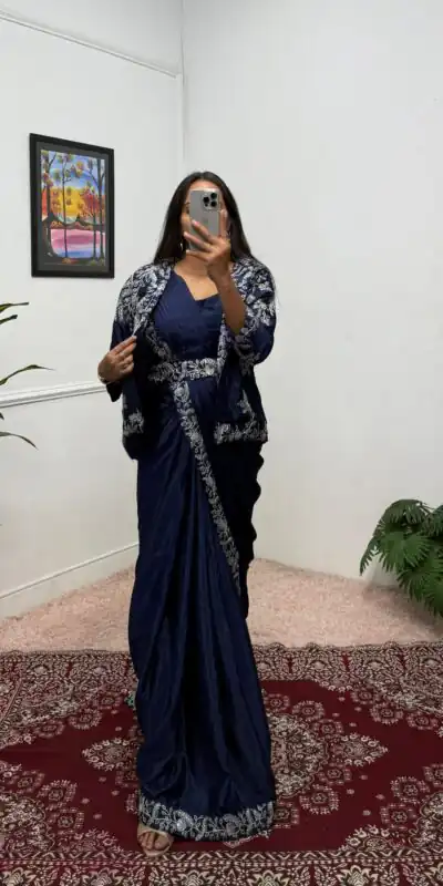 ST 1090 Navy Blue Color Chinon Saree with Embroidery Work & Lace Work. Now at just ₹2099. Delivery 4-6 Working Days. Shop now. | Designer Sarees, Sarees, Bollywood Sarees, Creative Sarees, Embroidered Sarees, Ethnic Saree, Modern Digital sarees, Party Wear Sarees