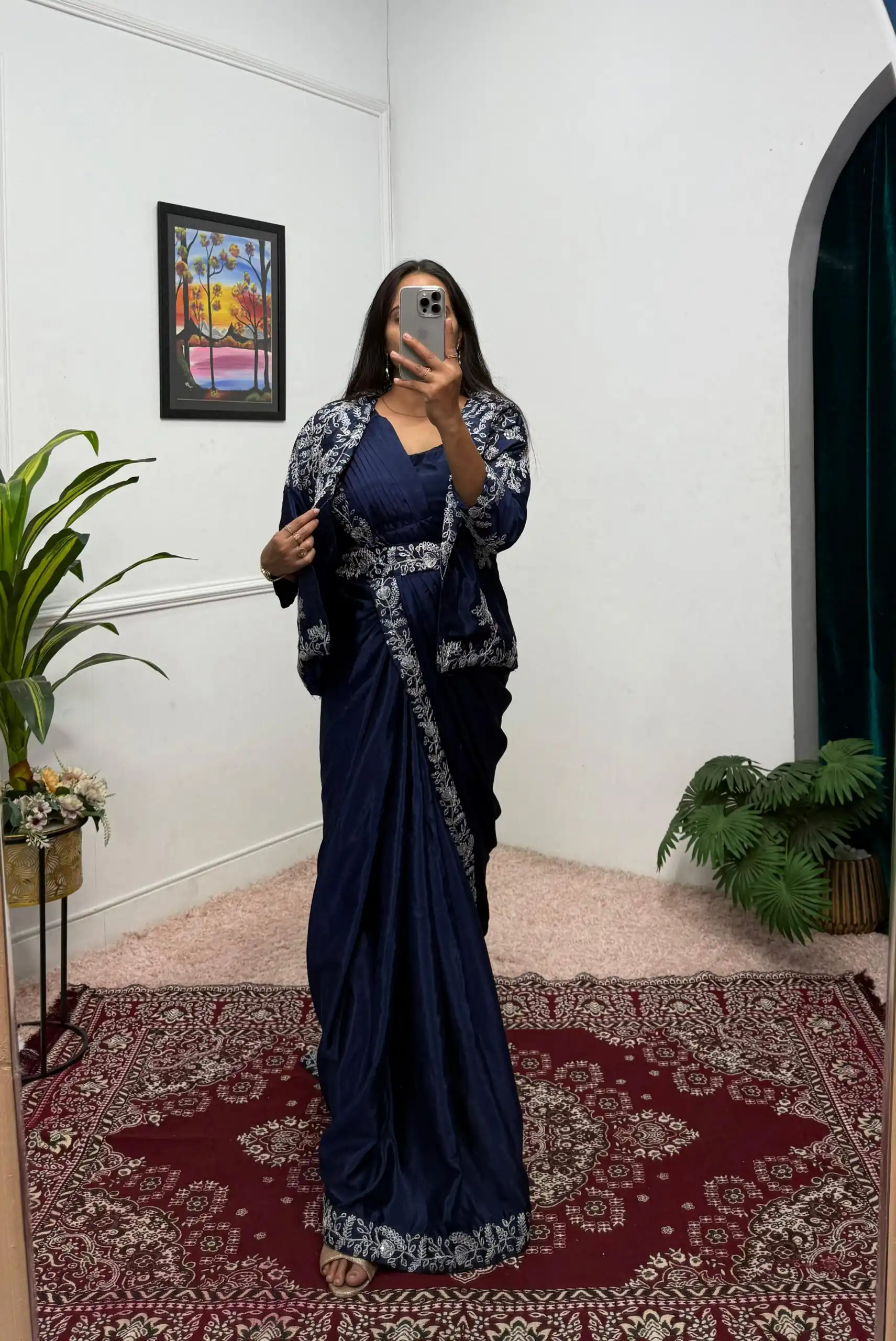 ST 1090 Navy Blue Color Chinon Saree with Embroidery Work & Lace Work. Now at just ₹2099. Delivery 4-6 Working Days. Shop now. | Designer Sarees, Sarees, Bollywood Sarees, Creative Sarees, Embroidered Sarees, Ethnic Saree, Modern Digital sarees, Party Wear Sarees