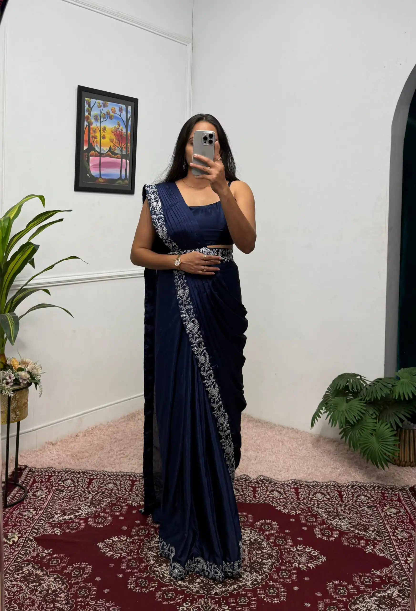ST 1090 Navy Blue Color Chinon Saree with Embroidery Work & Lace Work. Now at just ₹2099. Delivery 4-6 Working Days. Shop now. | Designer Sarees, Sarees, Bollywood Sarees, Creative Sarees, Embroidered Sarees, Ethnic Saree, Modern Digital sarees, Party Wear Sarees