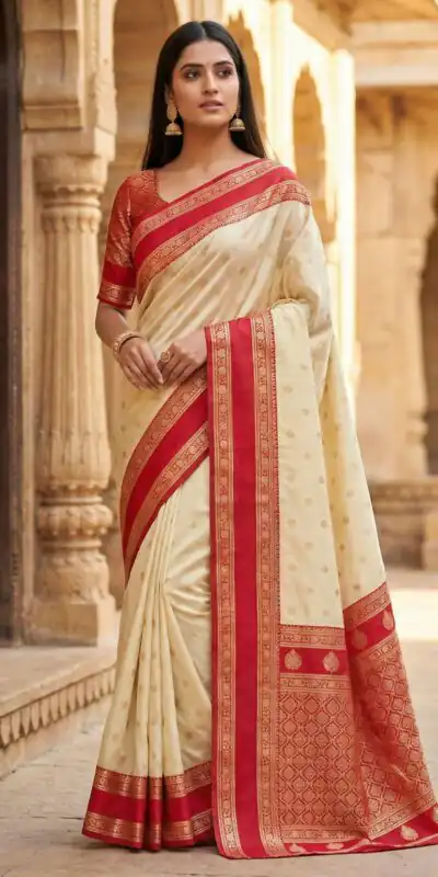 MB 3324 Off White in Color Banarasi Silk Zari Work & Lace Work Saree . Now at just ₹1949. Delivery 4-6 Working Days. Shop now. | Designer Sarees, Sarees, Bollywood Sarees, Creative Sarees, Embroidered Sarees, Ethnic Saree, Modern Digital sarees, Party Wear Sarees