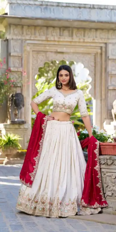 LNB 1411 Off White Vichitra Silk Lehenga Choli Perfect for Wedding, Party, Festival Celebrations, Ethnic Day, Durga Puja – . Available at ₹3499 on | Lehenga, Bollywood Lehenga, Creative Lehenga, Designer Lehenga, Embroidered Lehenga, Party Wear Lehenga