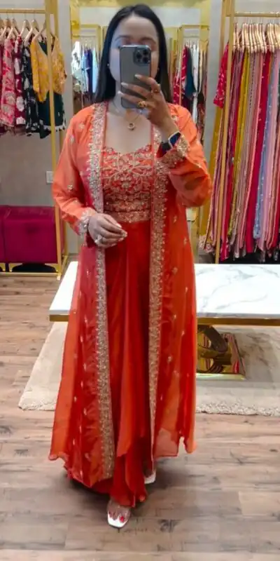 BB 56 Orange Chinon Silk Dhoti Suit with Embroidery Work & Sequins Work. Grab it for ₹1899. Delivery 4-6 Working Days. Shop now. | Jump Suits, Salwar suit, Casual Suits, Creative suits, Designer Suits, Palazzo Suits, Party Wear Suits, Patiala Suits, Straight Suits