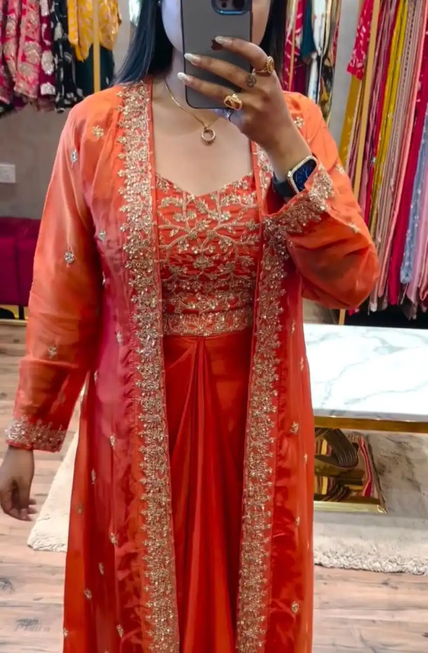 BB 56 Orange Chinon Silk Dhoti Suit with Embroidery Work & Sequins Work. Grab it for ₹1899. Delivery 4-6 Working Days. Shop now. | Jump Suits, Salwar suit, Casual Suits, Creative suits, Designer Suits, Palazzo Suits, Party Wear Suits, Patiala Suits, Straight Suits