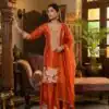 BE 442 Orange Organza Silk Salwar Suit with Embroidery Work & Cowrie Work. Grab it for ₹2049. Delivery 4-6 Working Days. Shop now. | Jump Suits, Salwar suit, Casual Suits, Creative suits, Designer Suits, Palazzo Suits, Party Wear Suits, Patiala Suits, Straight Suits