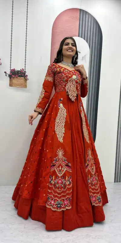 PC 528 Orange Vichitra Sequence Work Lehenga Choli Designer Work. Grab it for ₹2649. Delivery 4-6 Working Days. Shop now. | Lehenga, Bollywood Lehenga, Creative Lehenga, Designer Lehenga, Embroidered Lehenga, Party Wear Lehenga
