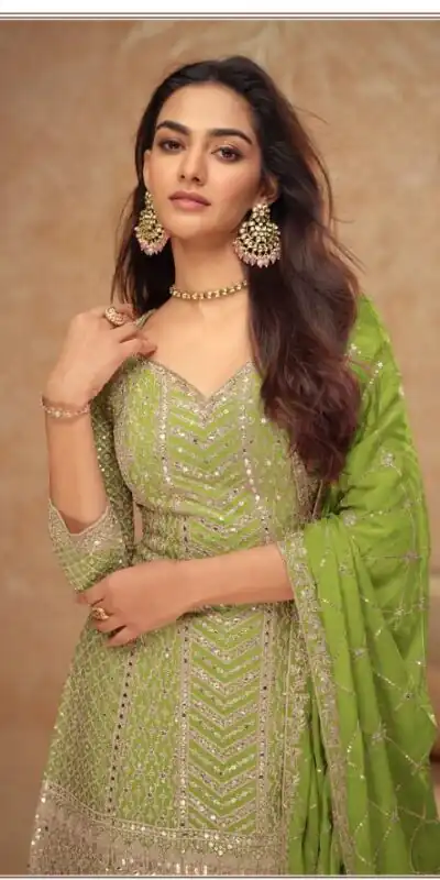 FC 7518 Parrot Green Chinon Salwar Suit Perfect for Wedding, Party, Diwali, Durga Puja, Temple Visit – . Festive Deal ₹3099. Delivery 4-6 Working Days. | Jump Suits, Tops & Bottoms, Track Suits, Salwar suit, Casual Suits, Creative suits, Designer Suits, Palazzo Suits, Party Wear Suits, Patiala Suits, Straight Suits, Trendy Wear