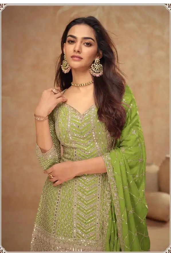 FC 7518 Parrot Green Chinon Salwar Suit Perfect for Wedding, Party, Diwali, Durga Puja, Temple Visit – . Festive Deal ₹3099. Delivery 4-6 Working Days. | Jump Suits, Tops & Bottoms, Track Suits, Salwar suit, Casual Suits, Creative suits, Designer Suits, Palazzo Suits, Party Wear Suits, Patiala Suits, Straight Suits, Trendy Wear