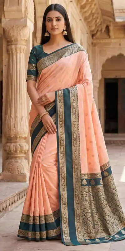 MB 3324 Peach in Color Banarasi Silk Zari Work & Lace Work Saree . Now at just ₹1949. Delivery 4-6 Working Days. Shop now. | Designer Sarees, Sarees, Bollywood Sarees, Creative Sarees, Embroidered Sarees, Ethnic Saree, Modern Digital sarees, Party Wear Sarees